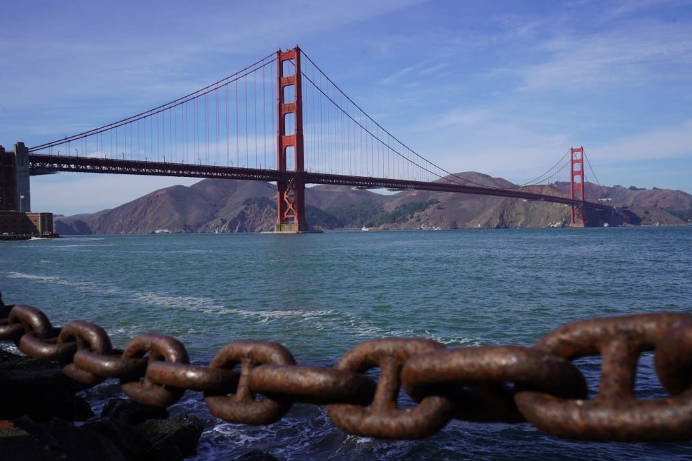 San Francisco Golden Gate Bridge with chain framing the ocean.