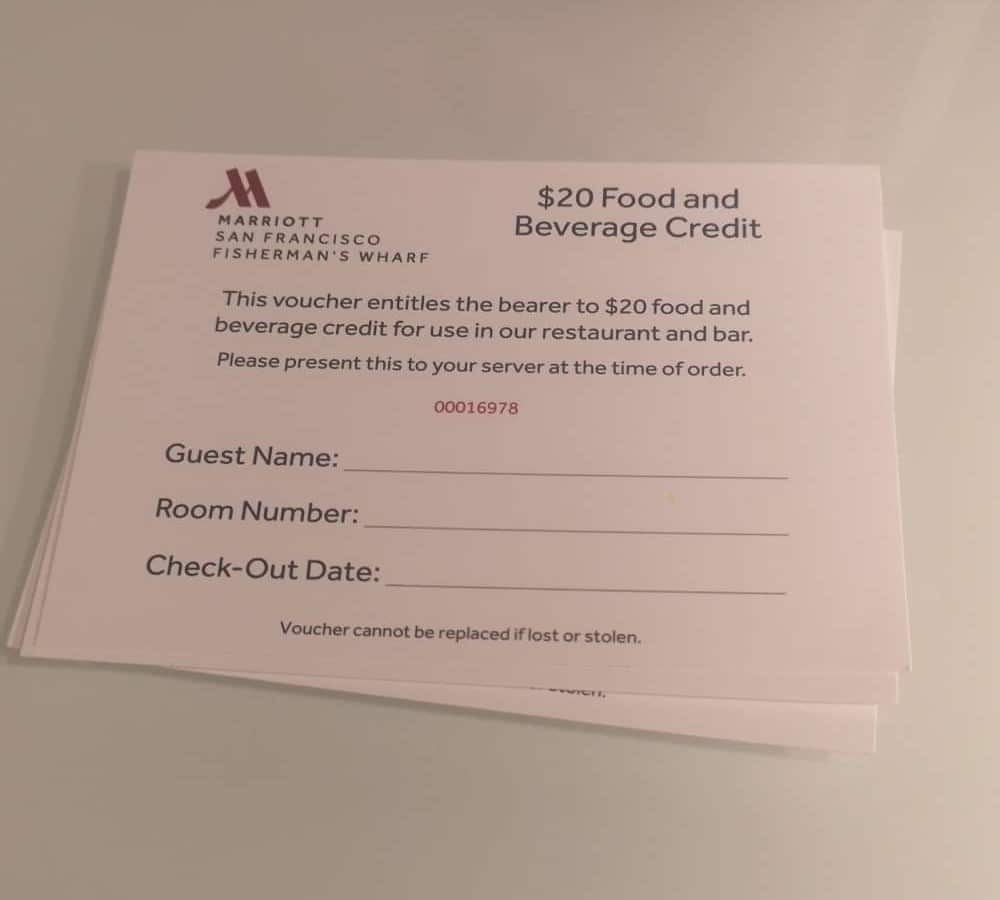 Marriott $20 Food and Beverage Credit for use in restaurant and bar.