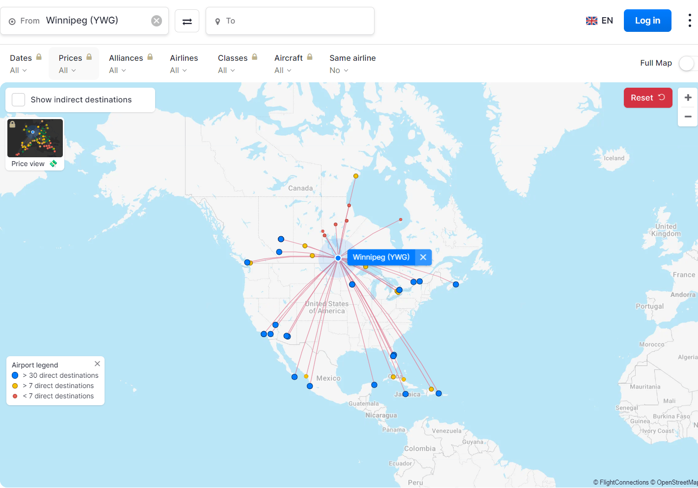 Flightconnections Departures From Winnipeg Map 