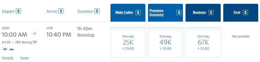 chicago to london heathrow american airlines redemption pricing