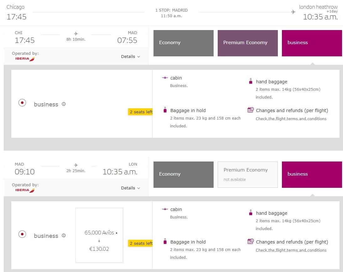 chicago to london heathrow iberia redemption pricing