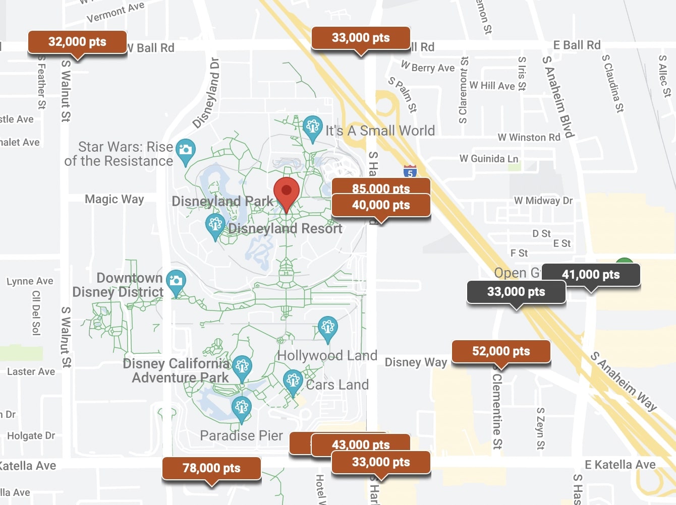 map of marriott hotel options with pricing near disneyland