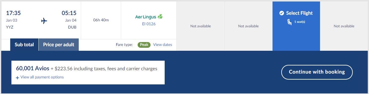 toronto to dublin aer lingus redemption pricing