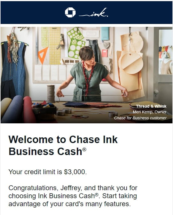 chase ink business cash approval email