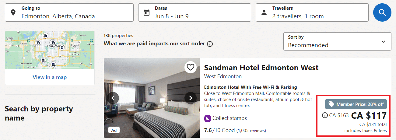 hotels.com edmonton hotel search member pricing