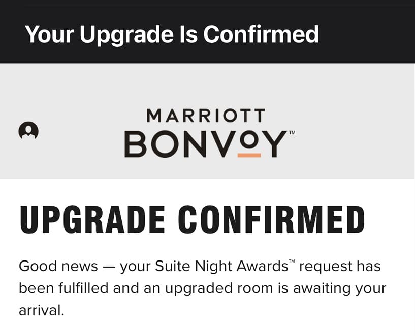 marriott bonvoy suite night award upgrade request successful