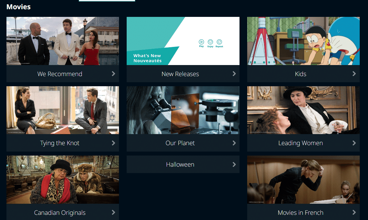 westjet connect in-flight movie categories