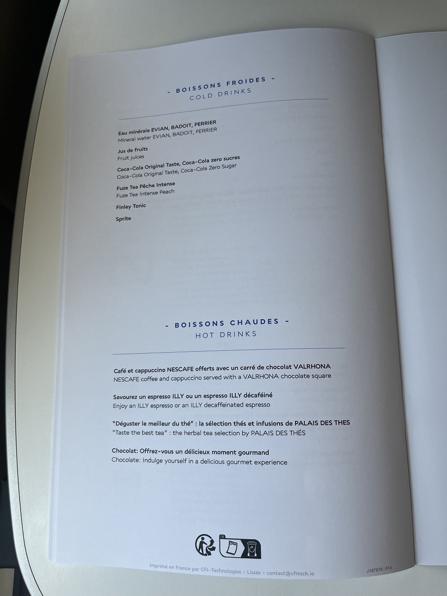 air france business class a350 cold and hot beverage menu