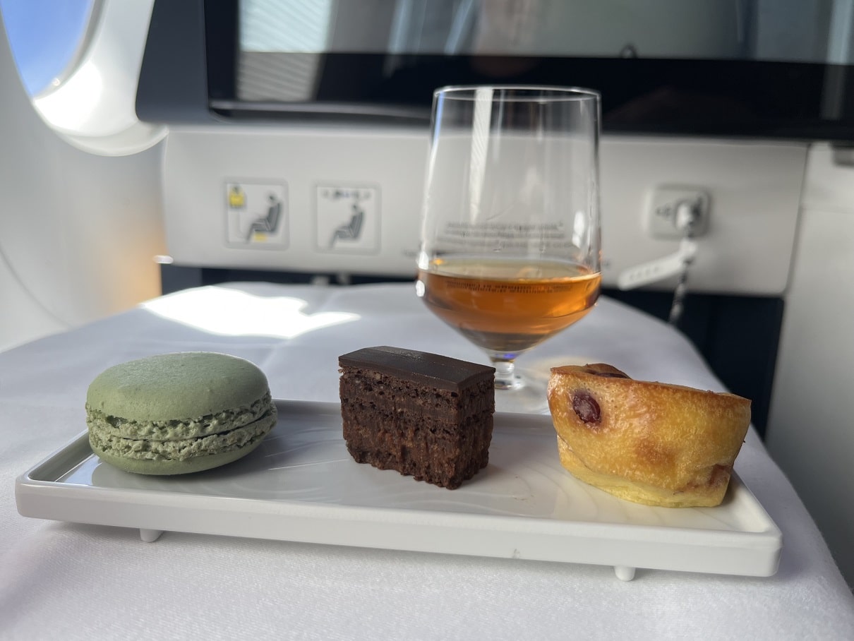 air france business class a350 dessert with cognac