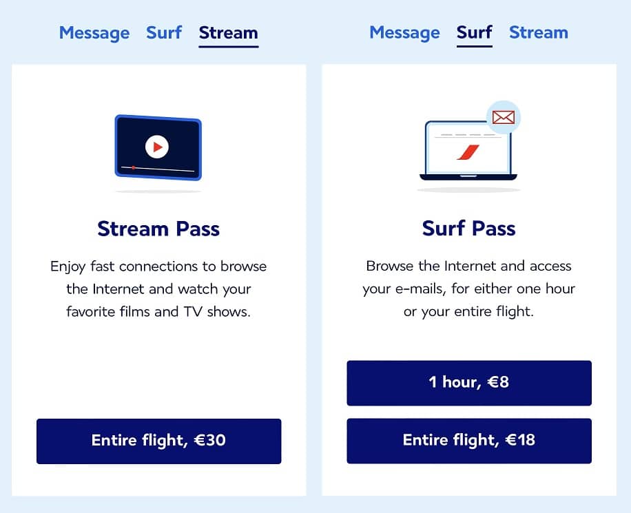 air france business class a350 in-flight wifi stream and surf pass prices