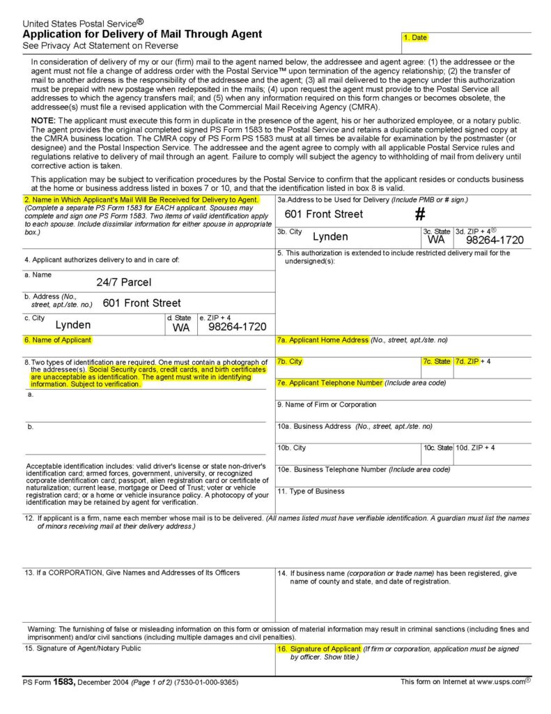 2/47 Parcel USPS form 1583