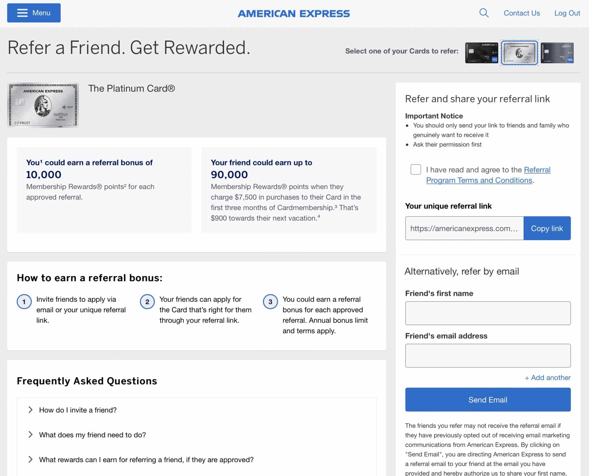 american express canada refer a friend card selector