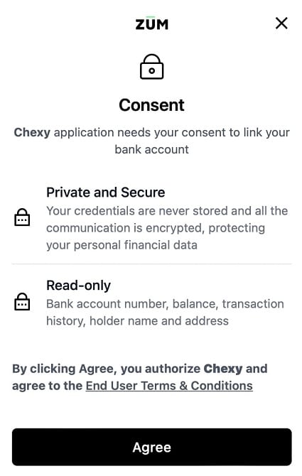 chexy bank account link consent