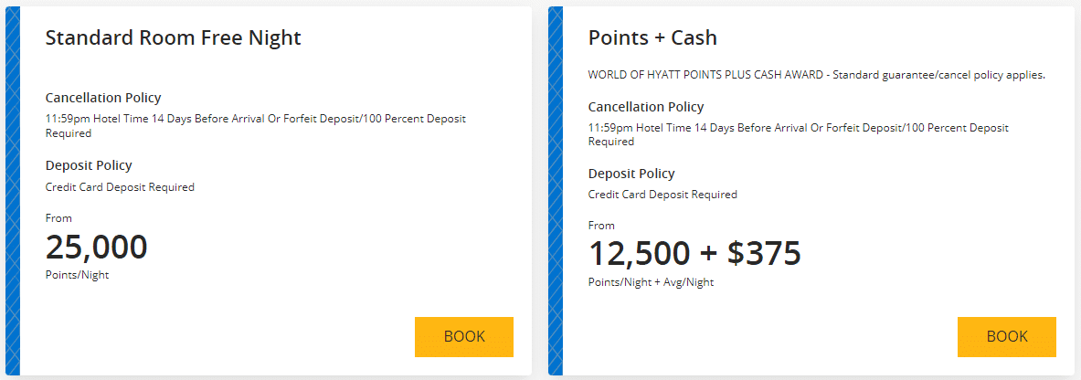world of hyatt points and cash option