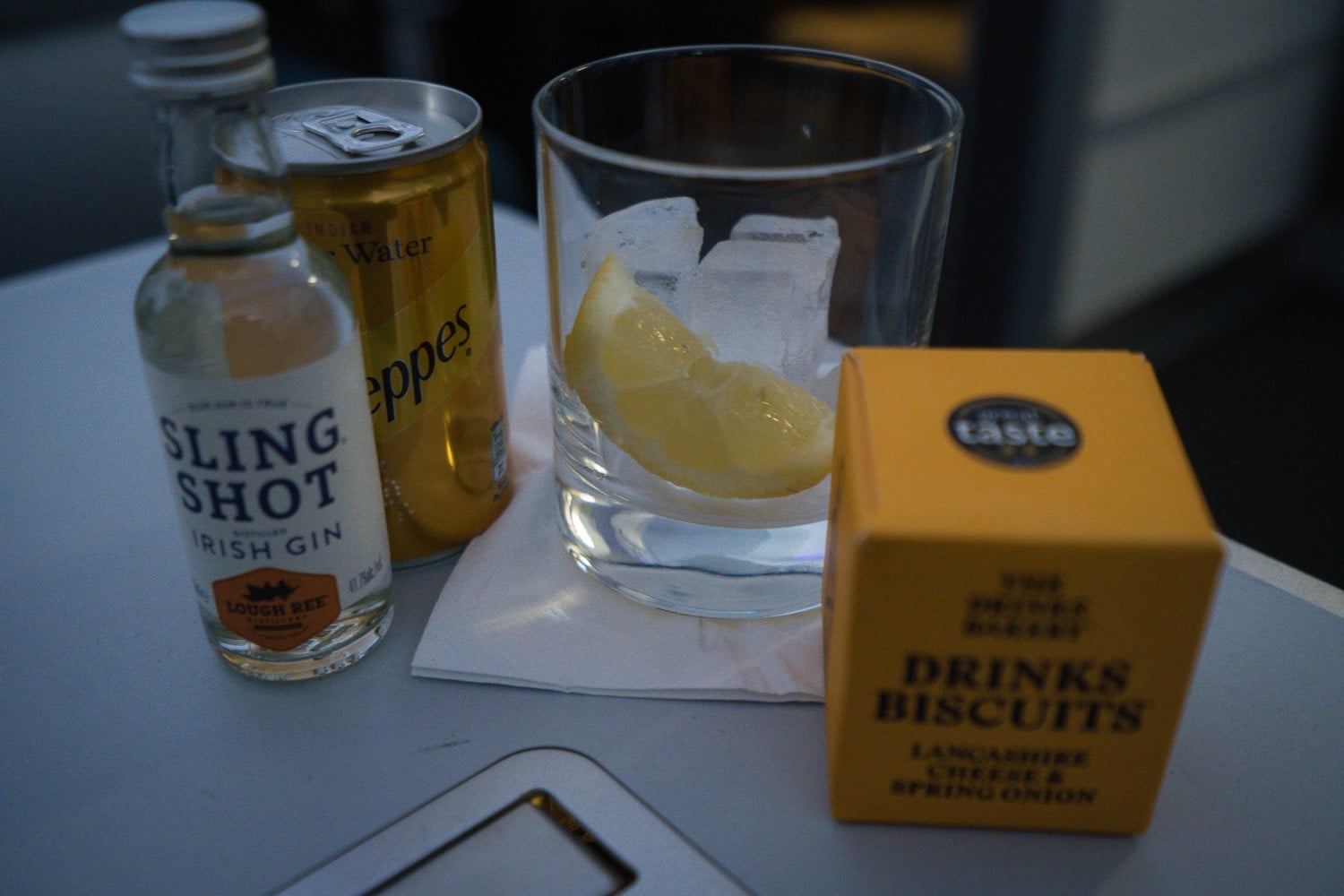 Aer Lingus Business Class Airbus A330-200 gin and tonic drink biscuits