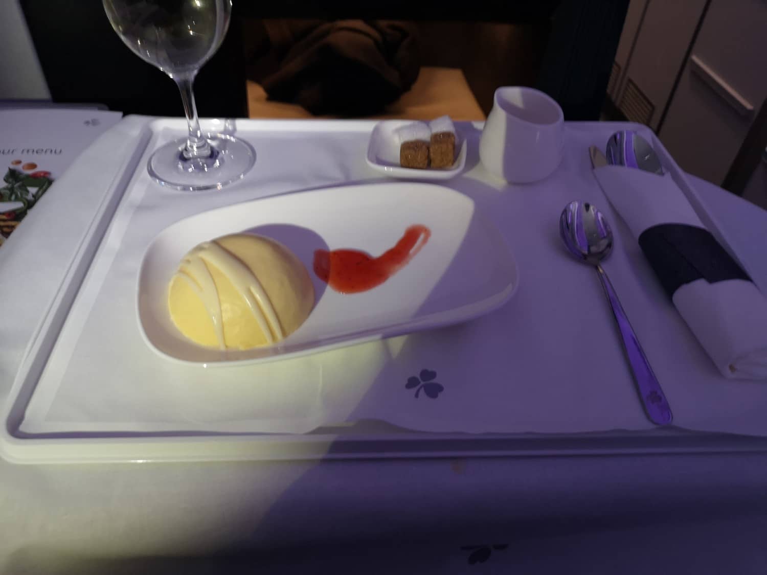 Belgian white chocolate mousse dessert on Aer Lingus business class from Dublin to Toronto.