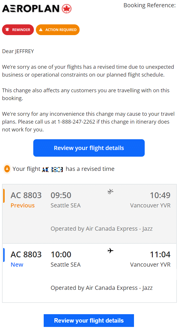 Aeroplan notification for an involuntary change to flight, a delay in departure time of 10 minutes.