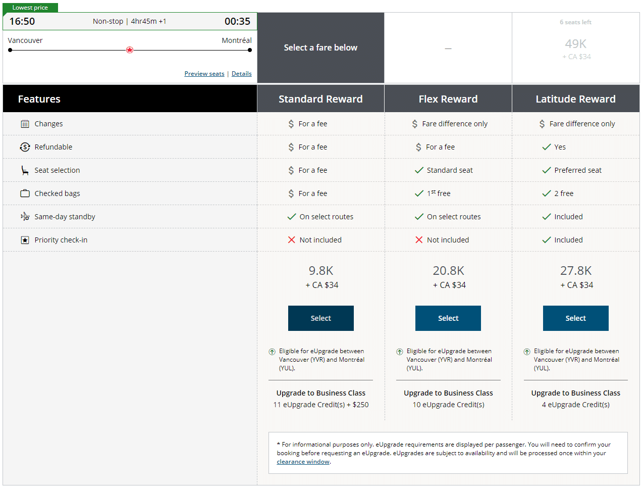 Example showing eUpgrade options for Aeroplan award flight between Vancouver and Montreal. 