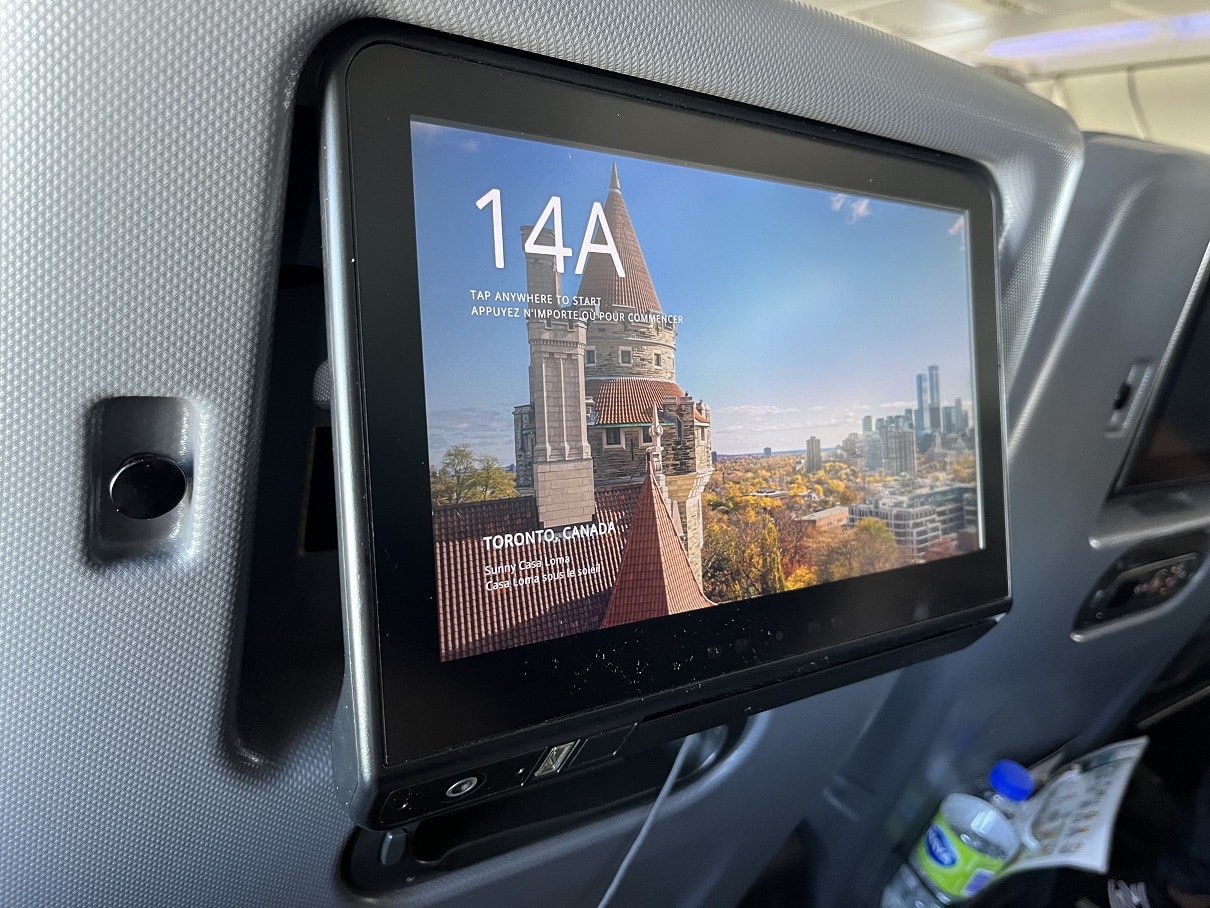 air canada premium economy entertainment console screen angled