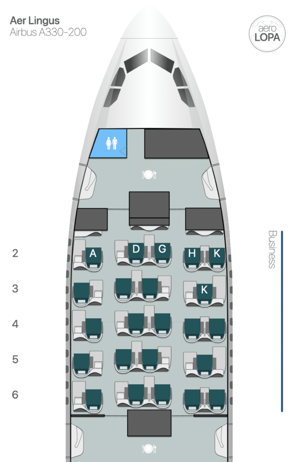 Cabin arrangement for Aer Lingus business class on the Airbus A330-200