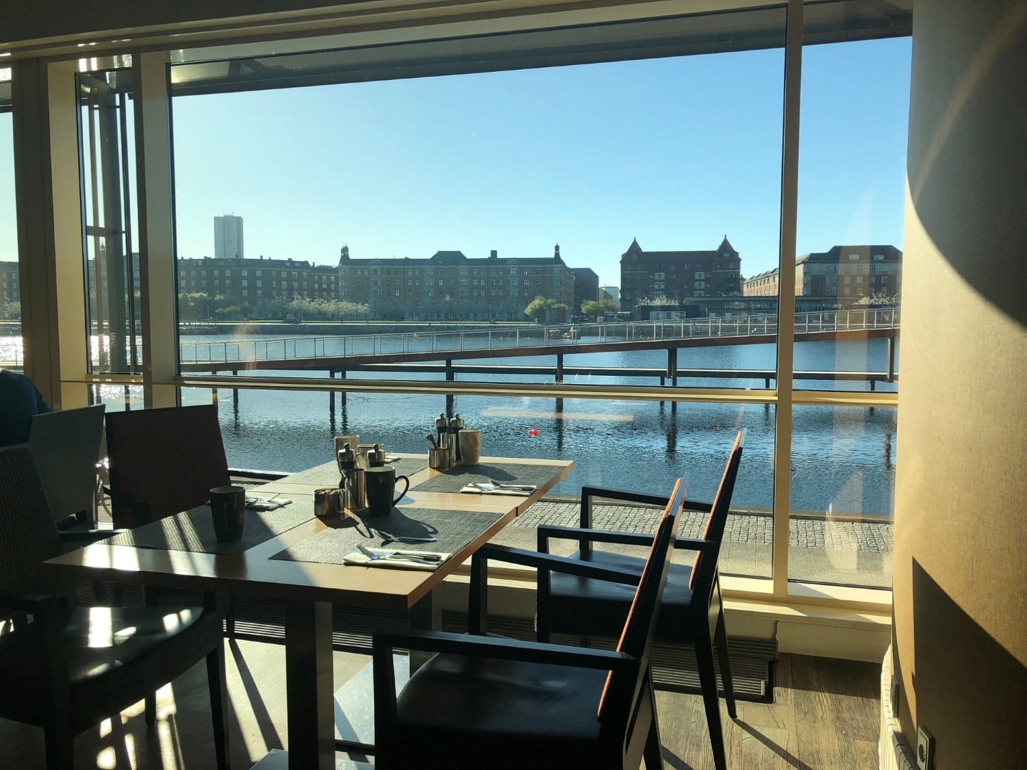 Waterfront view from the Midtown Breakfast restaurant, Copenhagen Marriott hotel.
