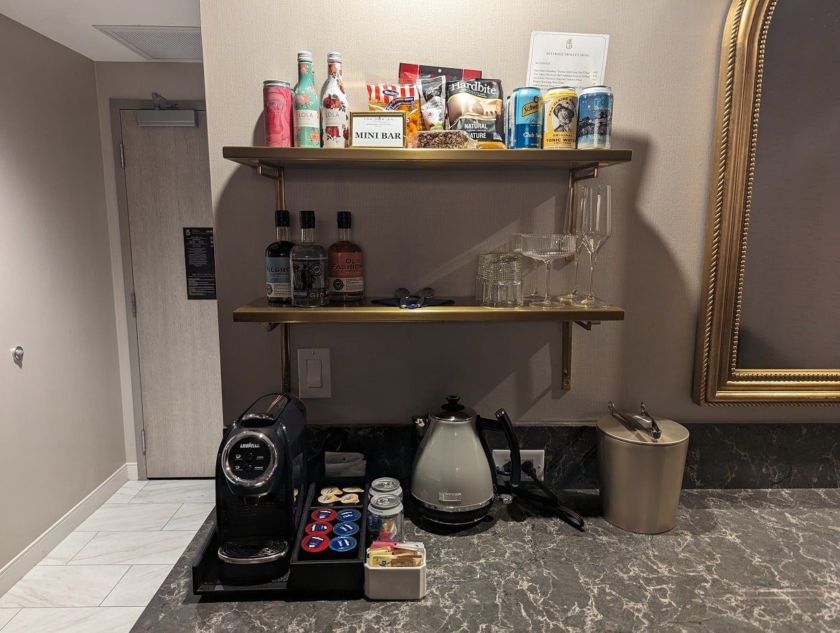 the dorian hotel calgary one bedroom suite minibar and coffee