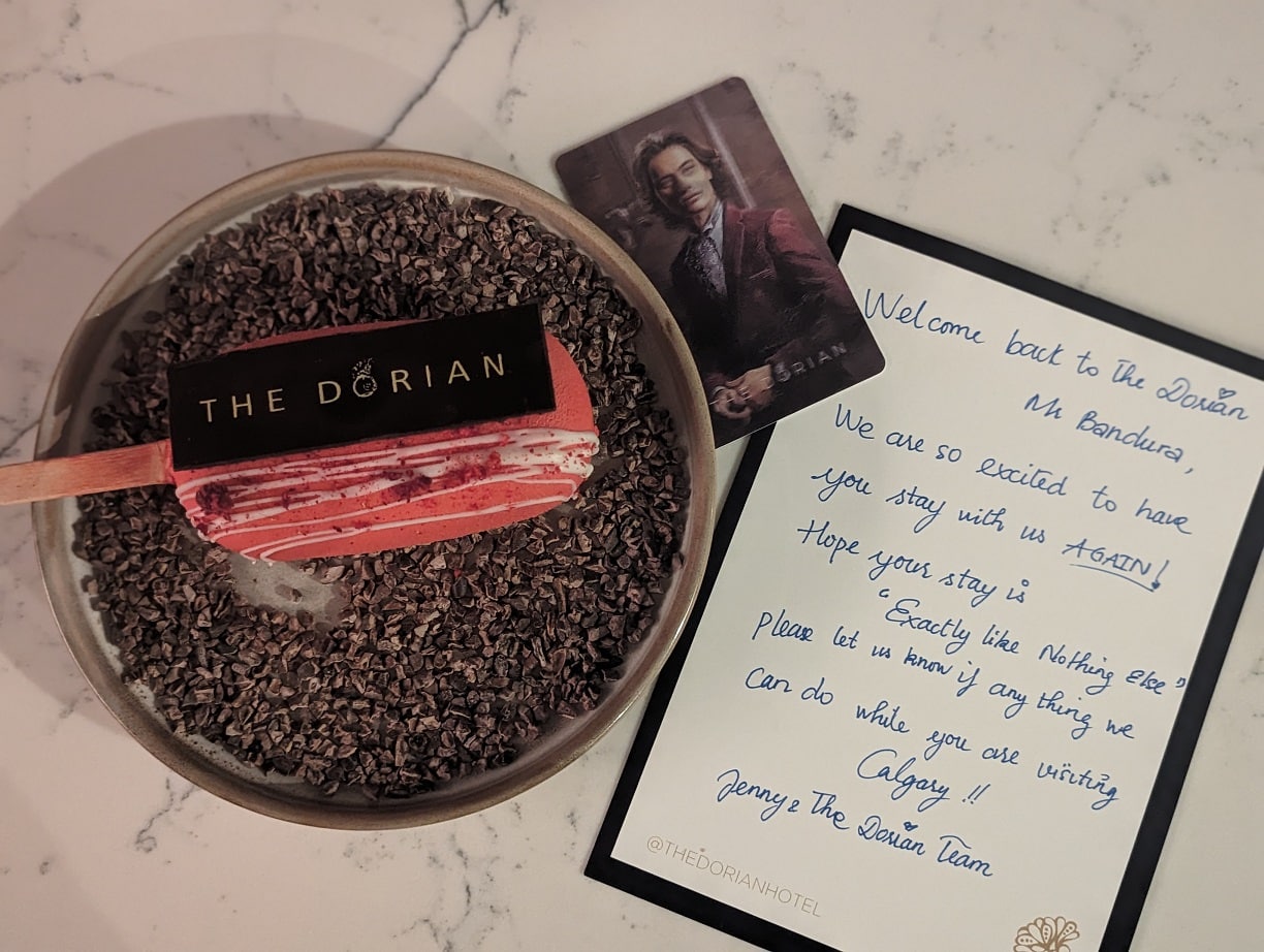 the dorian hotel calgary welcome note and dessert