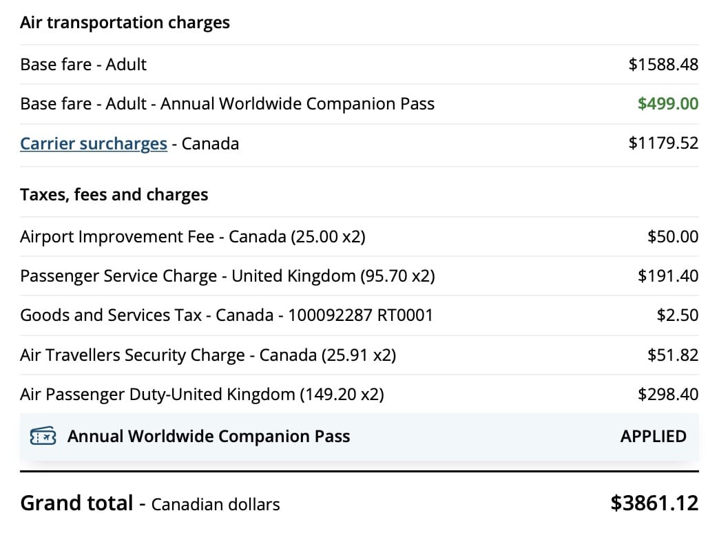 air canada vancouver to united kingdom companion pass pricing
