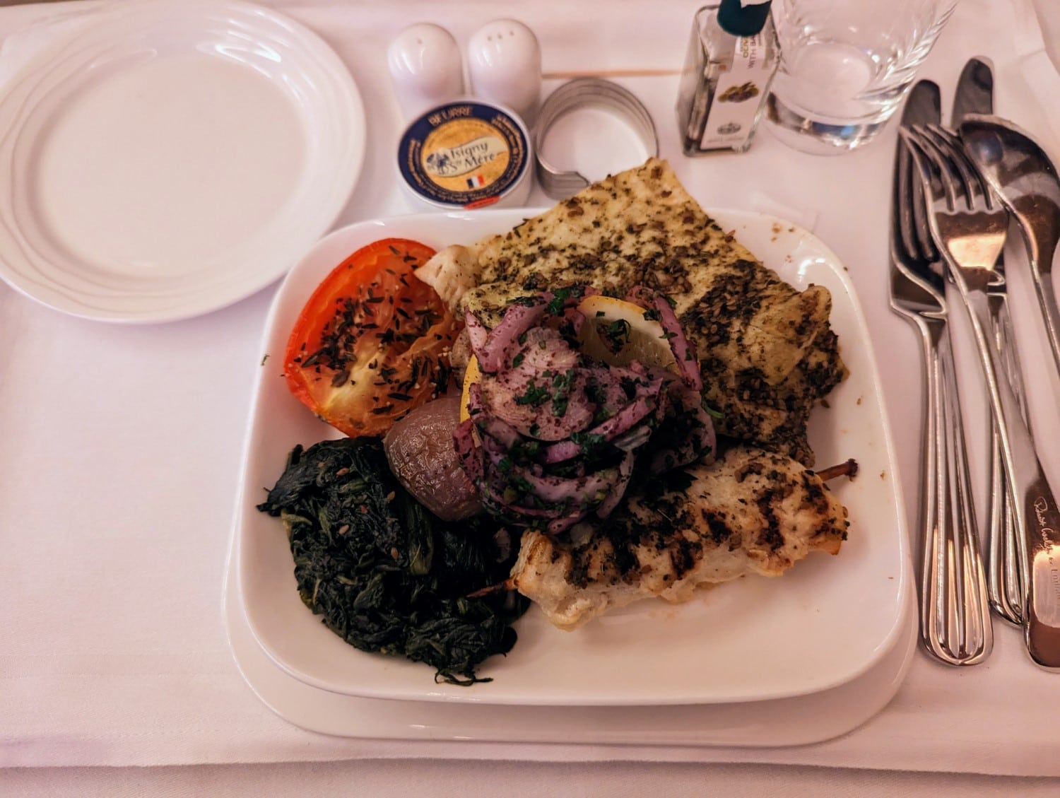 Mixed grill lunch on board the Emirates A380 business class.