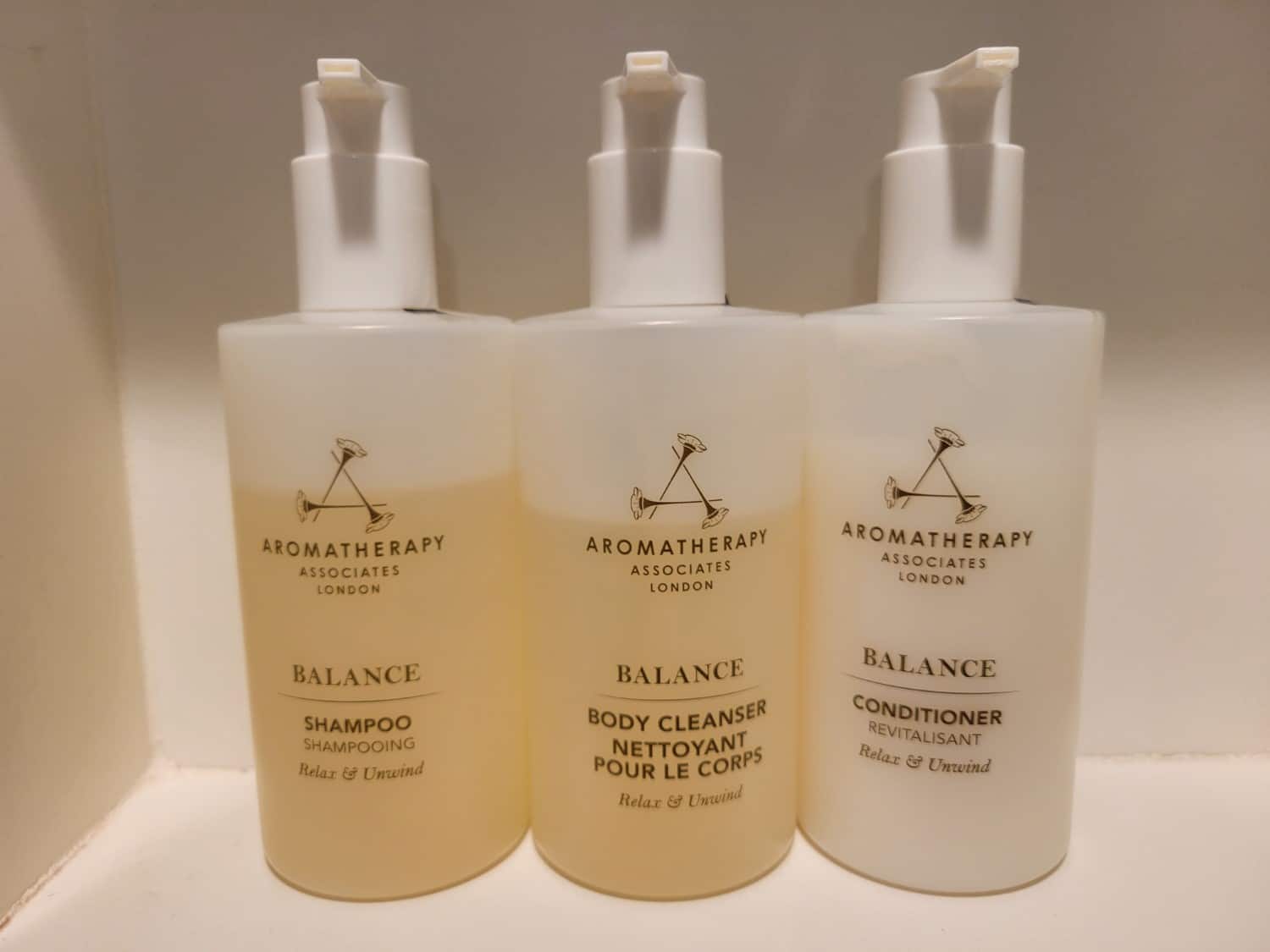 Aromatherapy Associates London shampoo, cleanser, and conditioner in the JW Marriott New Orleans hotel.