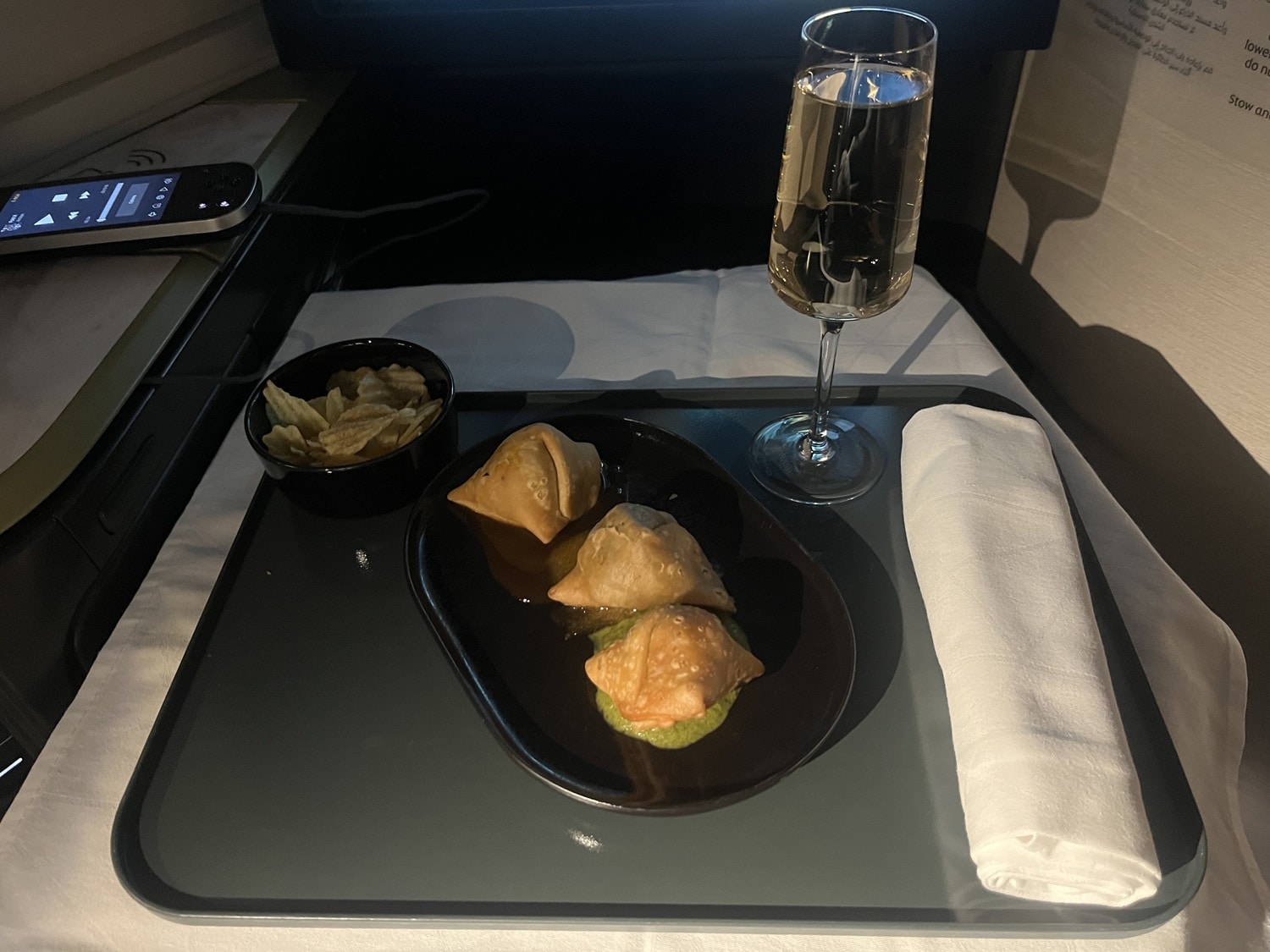 etihad airways business class a350 samosas and champagne