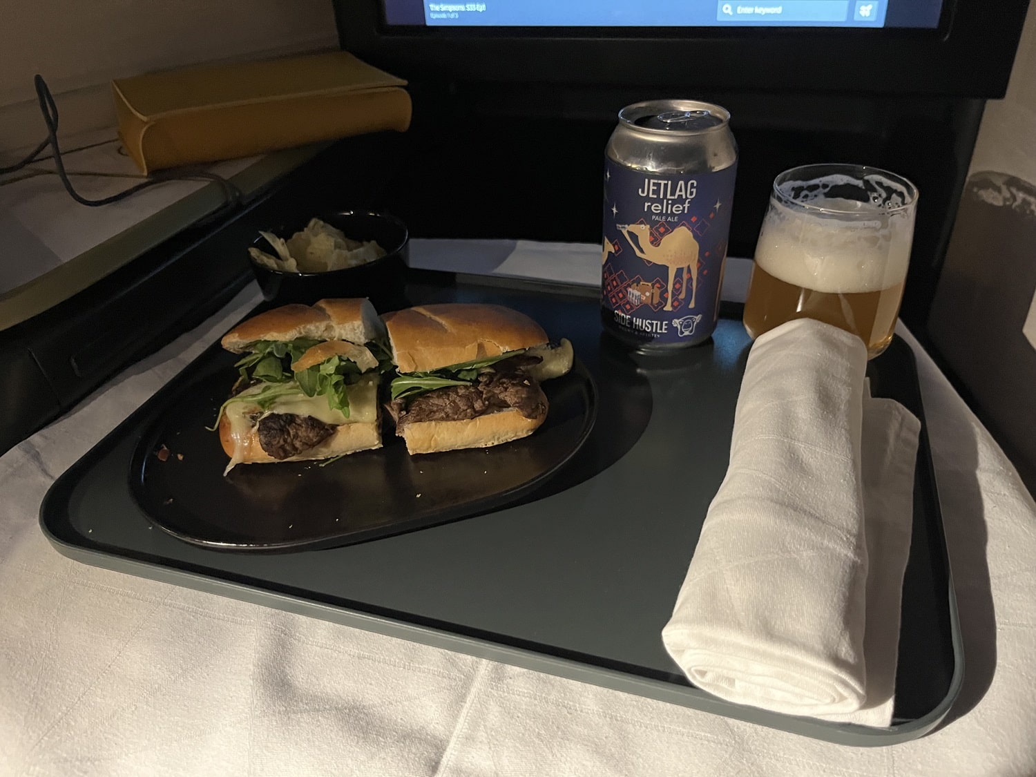 etihad airways business class a350 steak sandwich and beer
