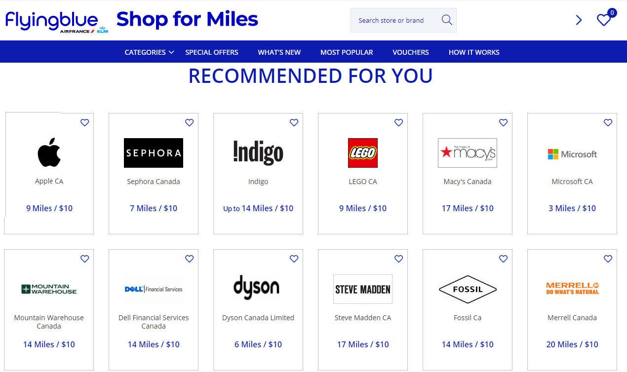 Flying Blue 'Shop for Miles' shopping portal.