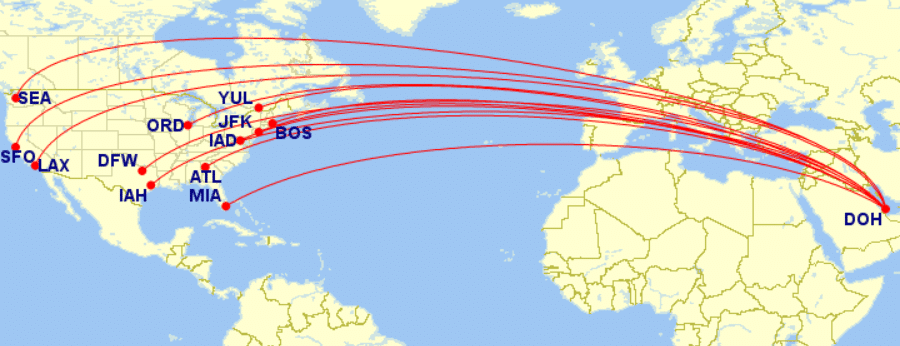 north american routes on qatar airways to doha