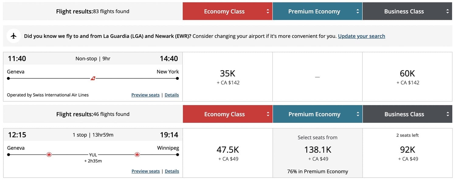 aeroplan dynamic pricing geneva to new york