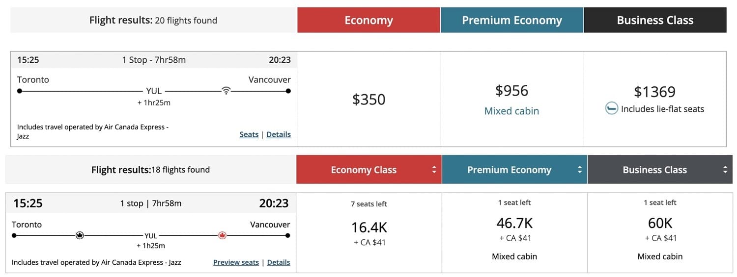 aeroplan point redemption vs cash price comparison