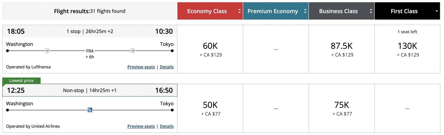 aeroplan washington to tokyo with lufthansa first class and united business class availability