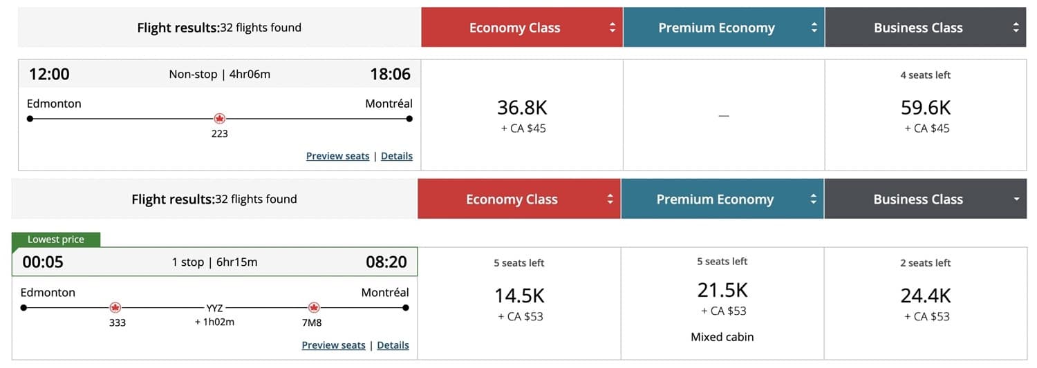 edmonton to montreal aeroplan redemption price comparison