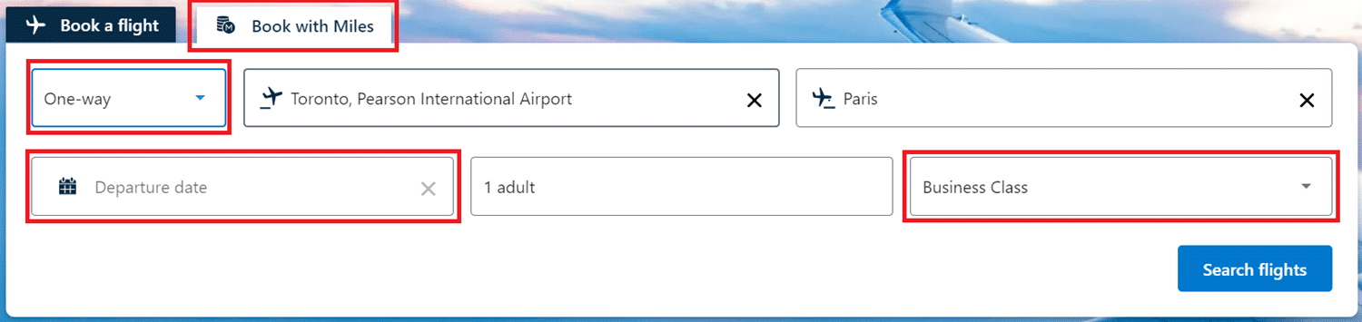 flying blue book with miles search bar