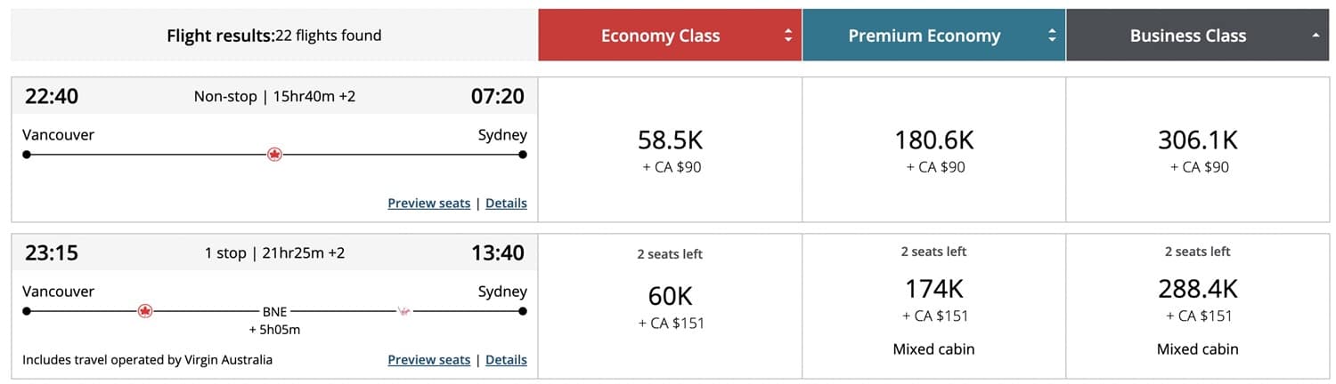 vancouver to sydney aeroplan redemption pricing