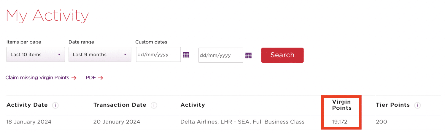 virgin points earned for crediting delta one flight lhr to sea