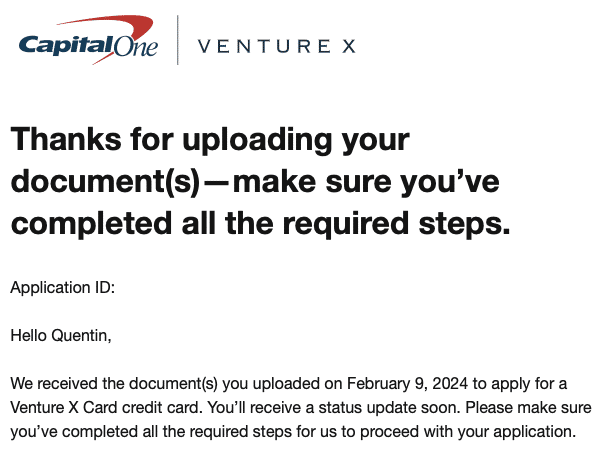 capital one venture x rewards card application after uploading verification documents