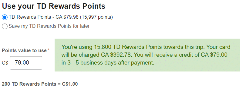 expedia for td use your td rewards points payment option