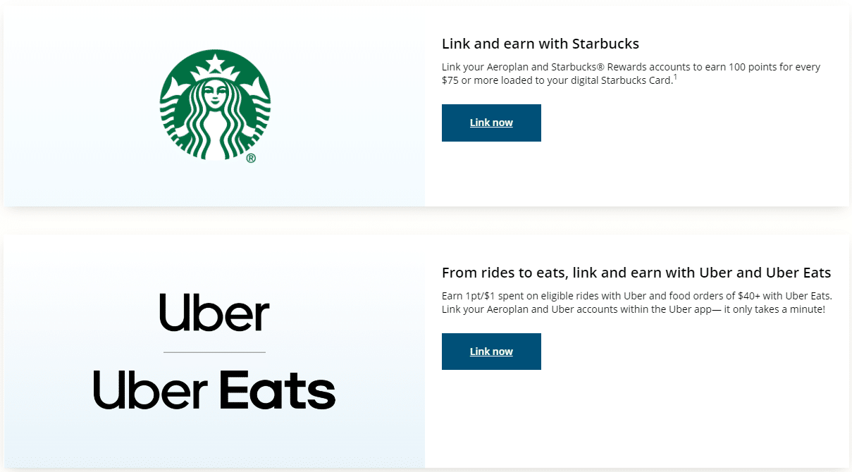 Aeroplan linkage with Starbucks Stars and Uber Eats.