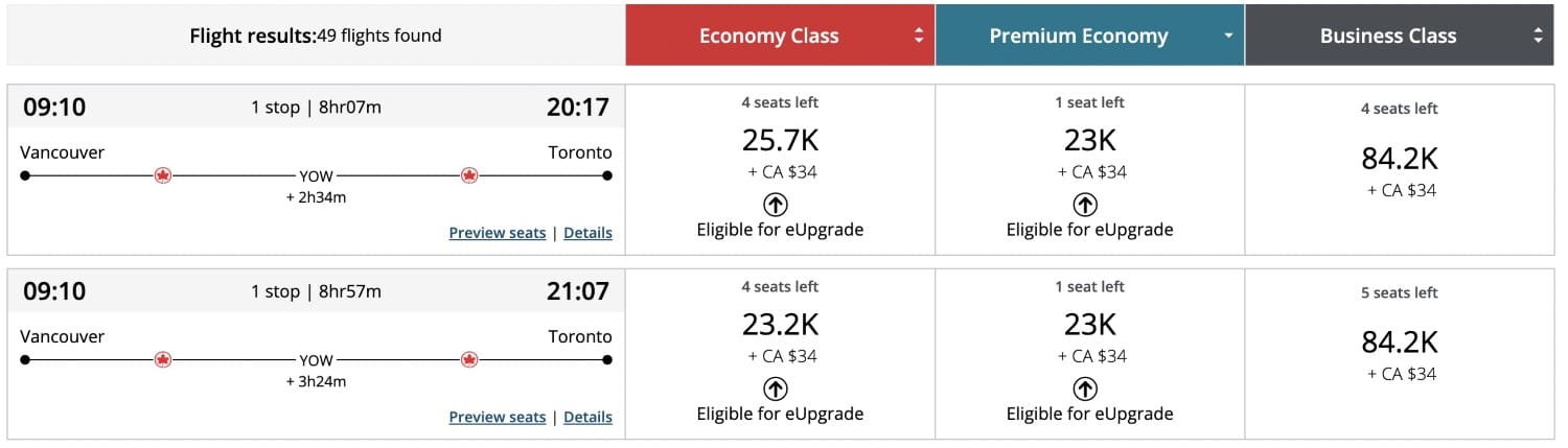 air canada aeroplan vancouver to toronto premium economy cheaper than latitude economy fare