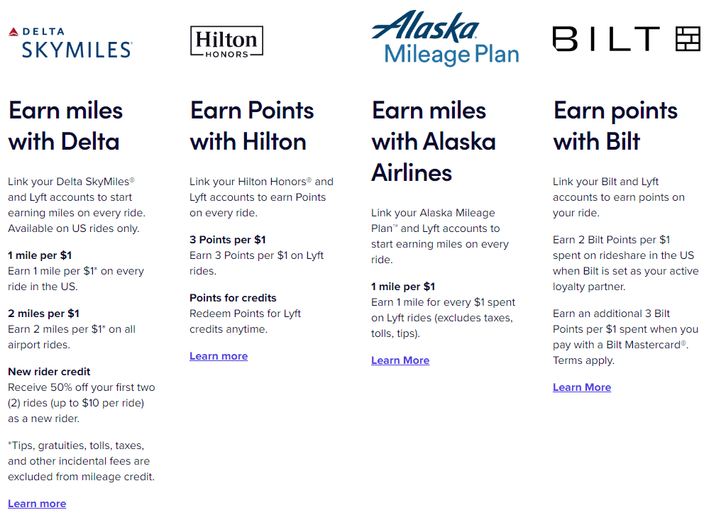 Lyft partnerships with Delta Skymiles, Hilton Honors, Alaska Mileage Plan, and Bilt.
