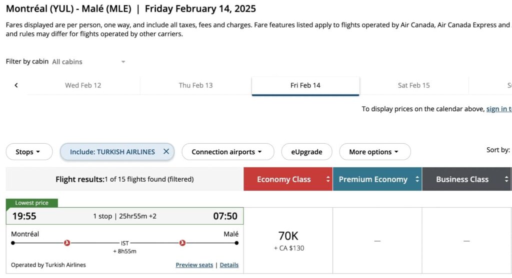 aeroplan montreal to istanbul to maldives economy award pricing