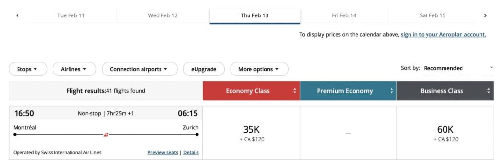 aeroplan montreal to zurich pricing