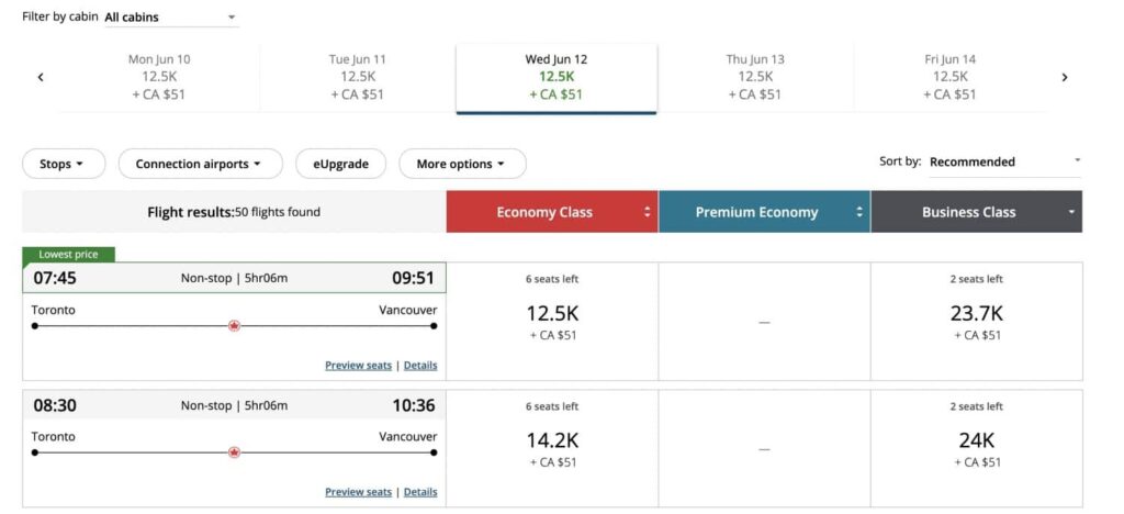 aeroplan toronto to vancouver less than 25000 points business class