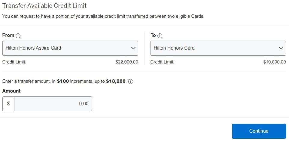 american express us transfer credit limit screen options